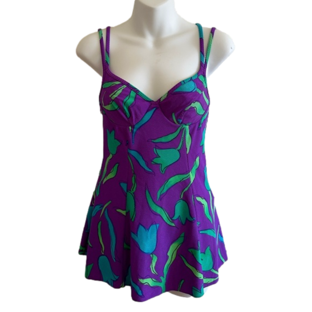 La‎ Blanca Purple Green Floral Strappy Tankinki Swim One Piece Swimwear Womens 6